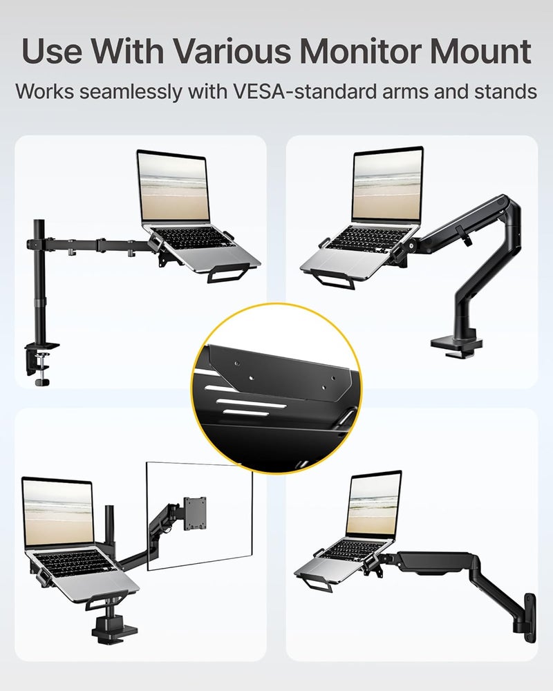 Montek Adjustable Laptop Tray for Monitor Arm & Stand, Universal VESA Mount Laptop Holder 12″–18″, Fits Thick Gaming Laptops, Heavy-Duty Steel up to 19.8lbs, VESA 75x75/100x100 Office/Studio/Gaming - Image 4